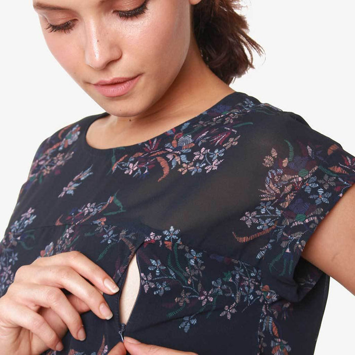 Woven Short Sleeve Clarisa Back Bow Nursing Top Navy Floral