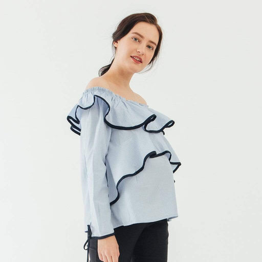 Bove Long Sleeves Davina Off Shoulder Peplum Nursing Top Blue