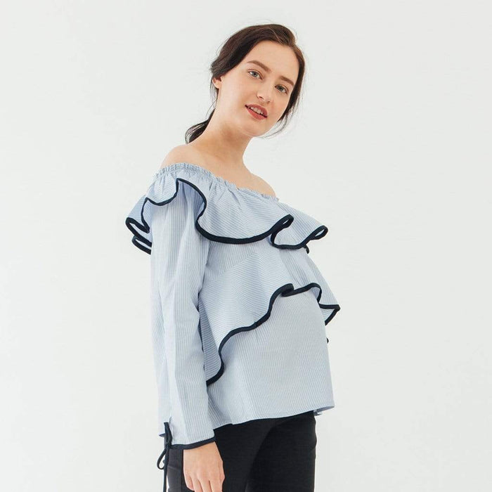 Bove Long Sleeves Davina Off Shoulder Peplum Nursing Top Blue