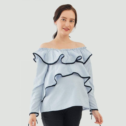 Bove Long Sleeves Davina Off Shoulder Peplum Nursing Top Blue