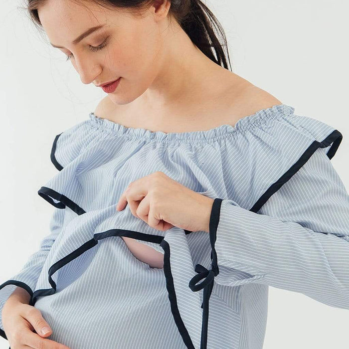 Bove Long Sleeves Davina Off Shoulder Peplum Nursing Top Blue