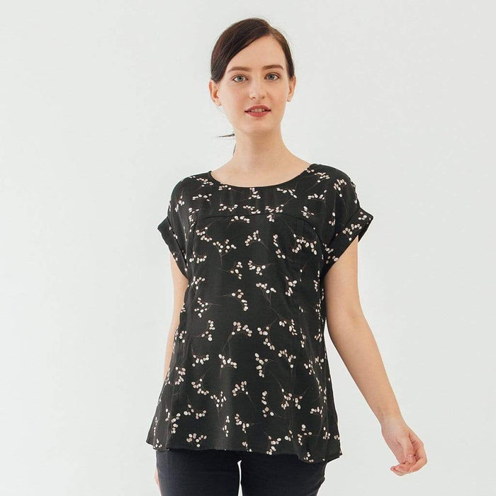 Clarisa Back Bow Black Sprigs Short Sleeve