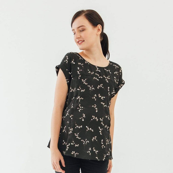 Clarisa Back Bow Black Sprigs Short Sleeve