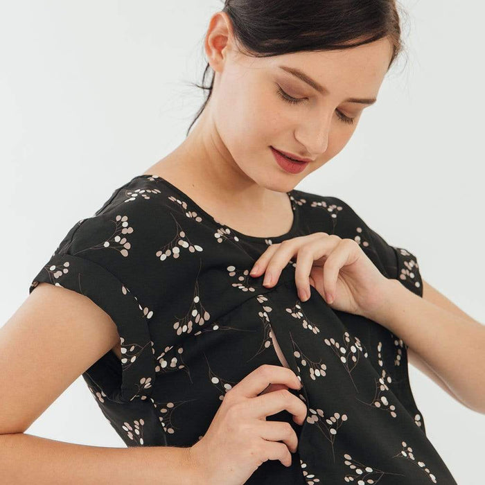 Clarisa Back Bow Black Sprigs Short Sleeve