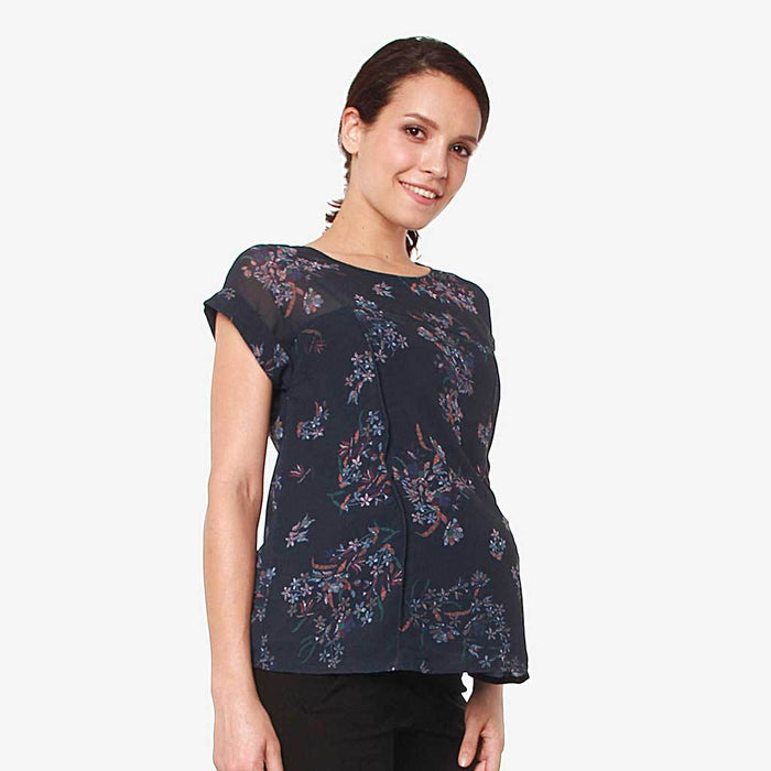 Woven Short Sleeve Clarisa Back Bow Nursing Top Navy Floral