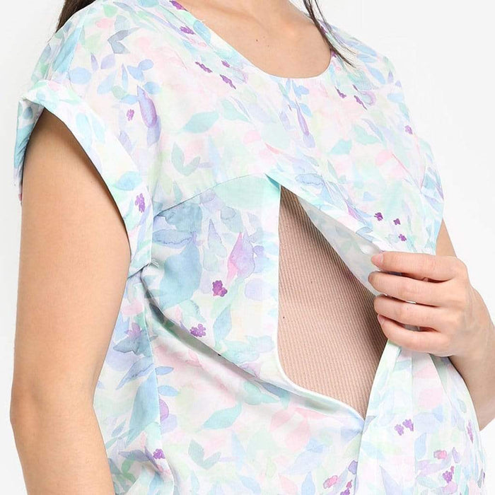 Woven Short Sleeve Clarisa Back Bow Nursing Top Waterprint