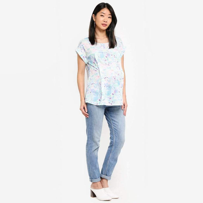 Woven Short Sleeve Clarisa Back Bow Nursing Top Waterprint