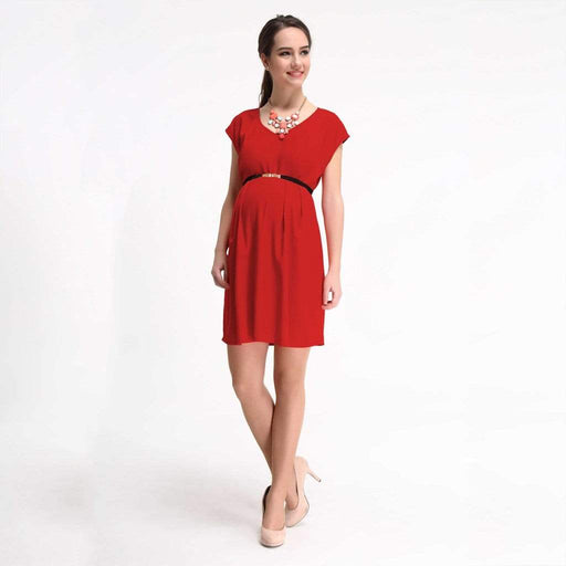 Erica Pleated V-Neck Red Nursing Dress