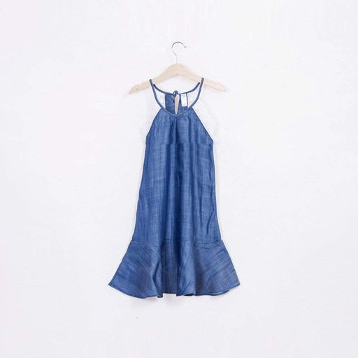 HALTER NECK LACE TRIM DRESS DENIM BLUE