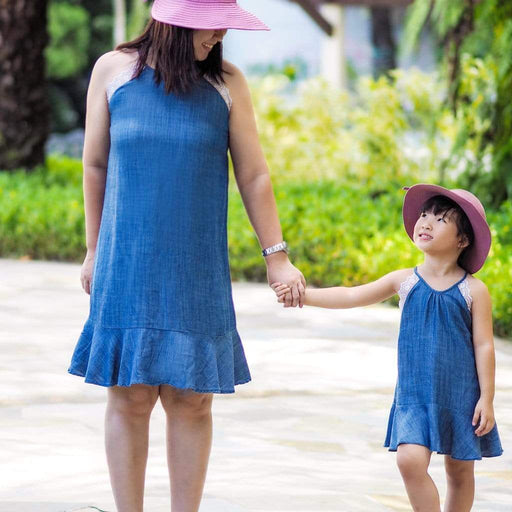 HALTER NECK LACE TRIM DRESS DENIM BLUE