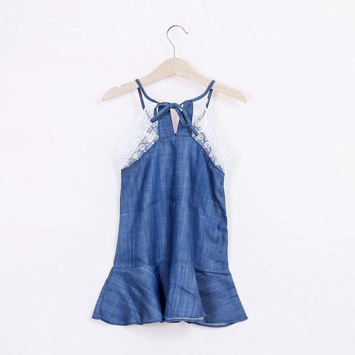 Alisha Halter Neck Lace Trim Dress Denim Blue