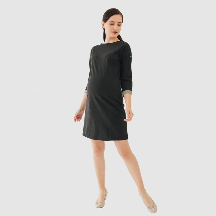 Knitted Long Sleeve Charna Broad Neck Mozzie Maternity Dress Black