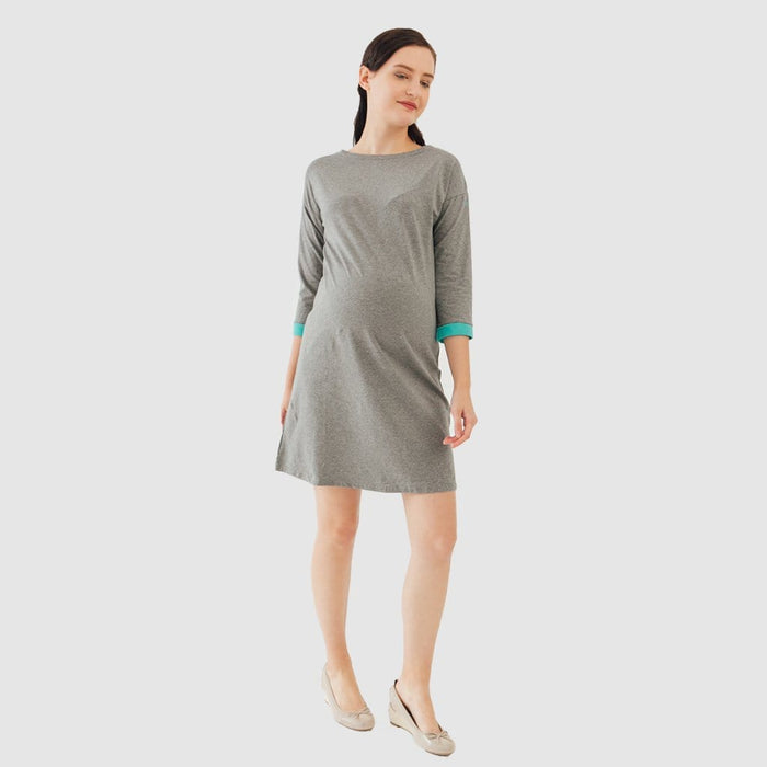 Knitted Long Sleeve Charna Broad Neck Mozzie Maternity Dress Charcoal