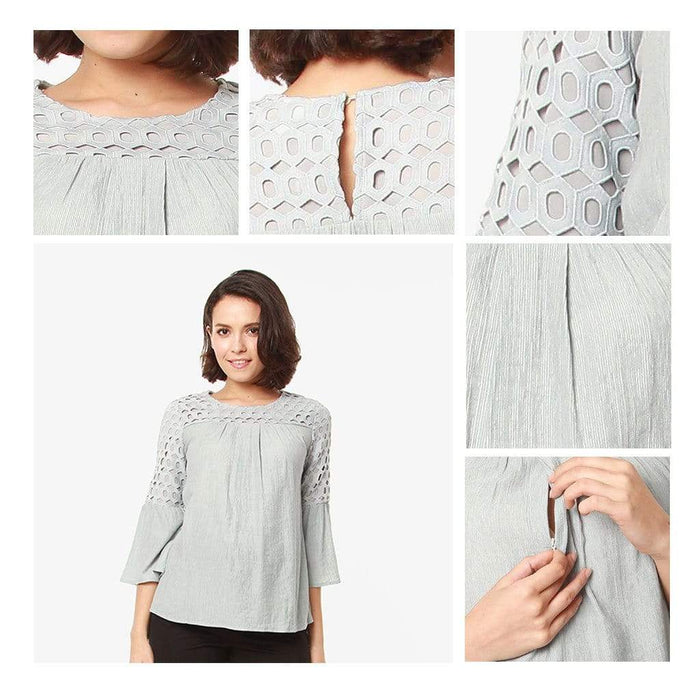 Lace Flounce Sleeves Cardea Nursing Top Grey
