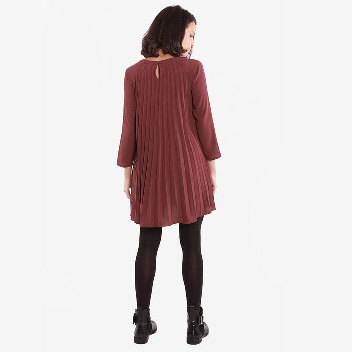 Long Sleeves Brenna Pleats Nursing Dress Maroon