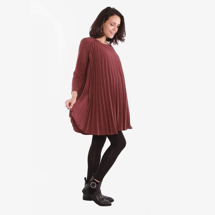 Long Sleeves Brenna Pleats Nursing Dress Maroon