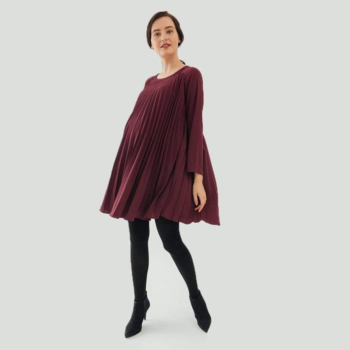 Long Sleeves Brenna Pleats Nursing Dress Maroon