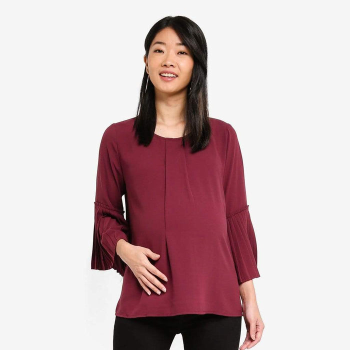 Pleated Long Sleeves Breena Nursing Top Maroon