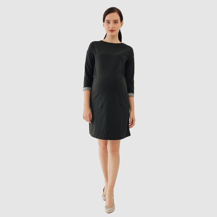 Knitted Long Sleeve Charna Broad Neck Mozzie Maternity Dress Black