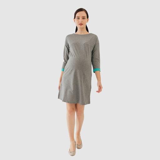 Knitted Long Sleeve Charna Broad Neck Mozzie Maternity Dress Charcoal