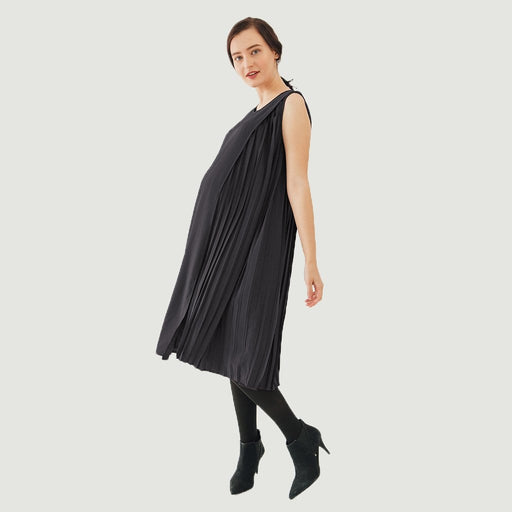Sleeveless Brenda Side Pleats Nursing Dress Dark Grey