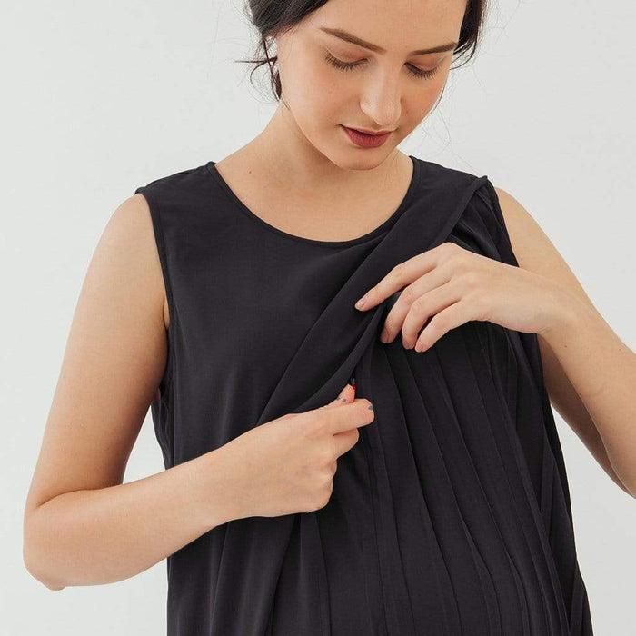 Sleeveless Brenda Side Pleats Nursing Dress Dark Grey