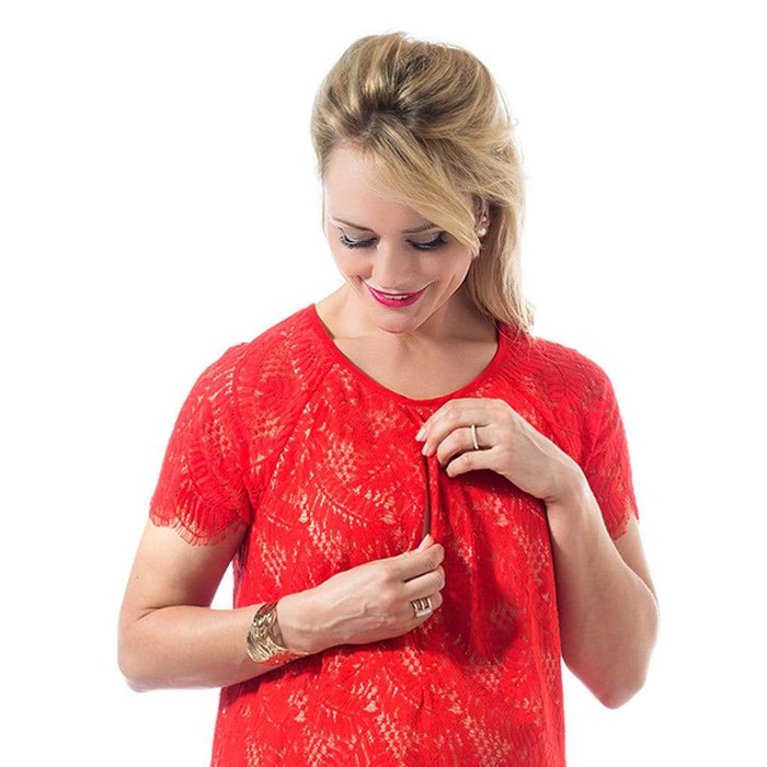 Woven Short Sleeve Carmela Lace Nursing Top Aurora Red