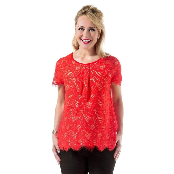 Woven Short Sleeve Carmela Lace Nursing Top Aurora Red