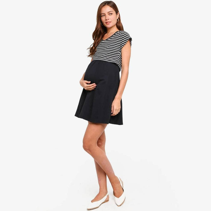 Anisha Black Stripe Cap Sleeve Nursing Dress