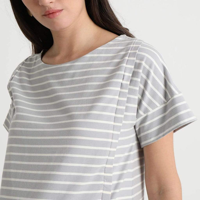 Batwing Sleeves Cambrie Nursing Dress Grey Stripes