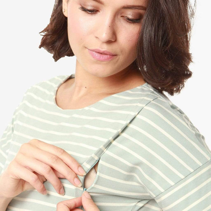 Batwing Sleeves Cambrie Nursing Dress Mint Stripes