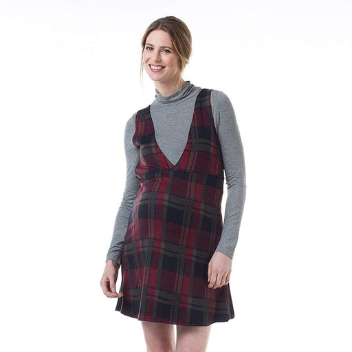 Coralia V-Neck Plaids Maternity Dress Maroon