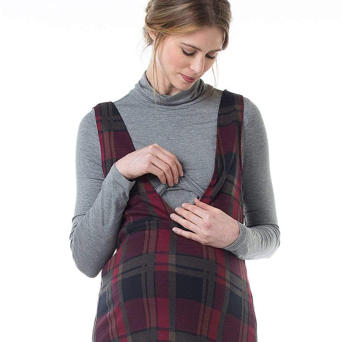 Coralia V-Neck Plaids Maternity Dress Maroon