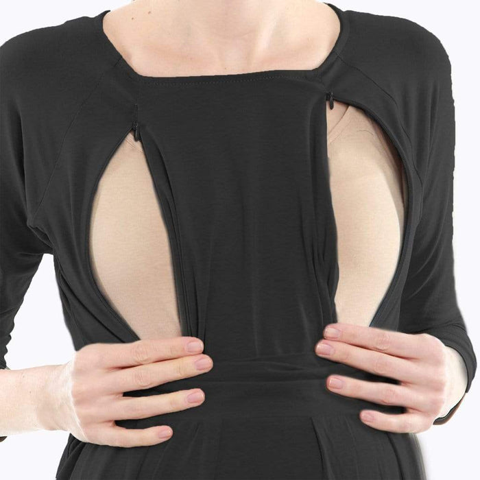 Daphne Long Sleeve Bamboo Cotton Nursing Dress Black