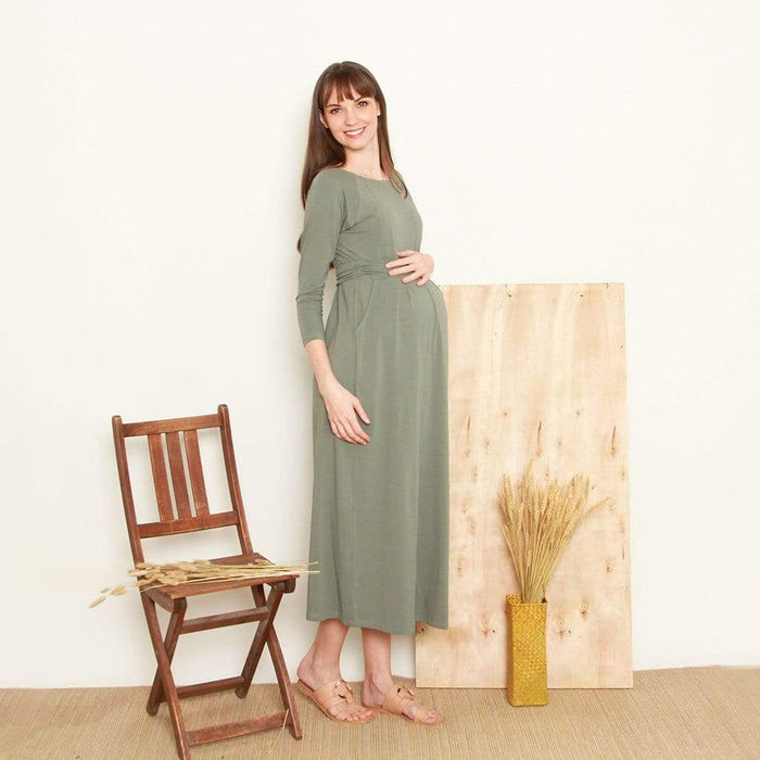 Daphne Long Sleeve Bamboo Cotton Nursing Dress Olive Green