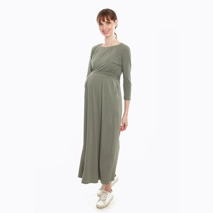Daphne Long Sleeve Bamboo Cotton Nursing Dress Olive Green