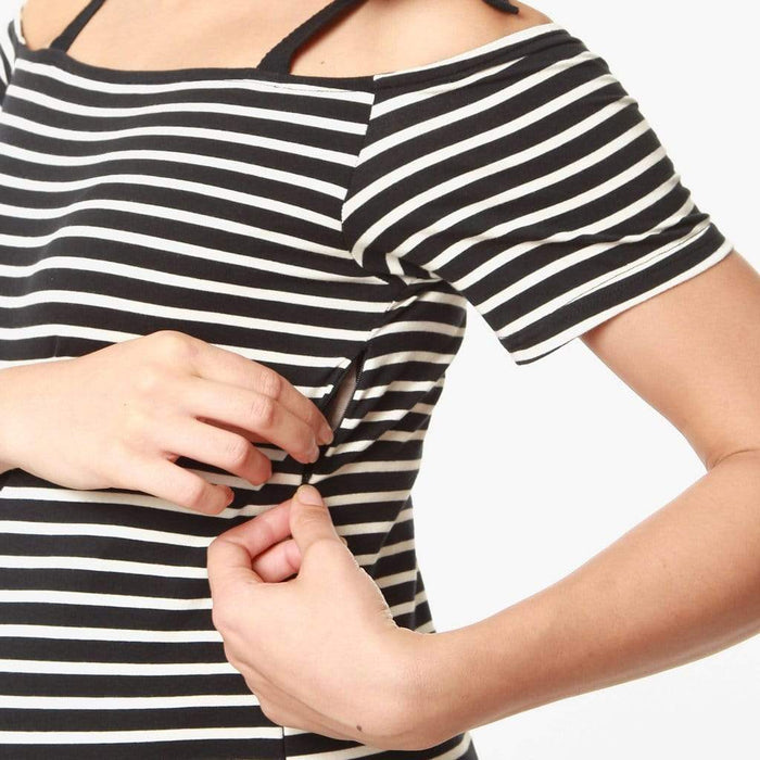 Drop Sleeves Candra Black Stripe Nursing Dress