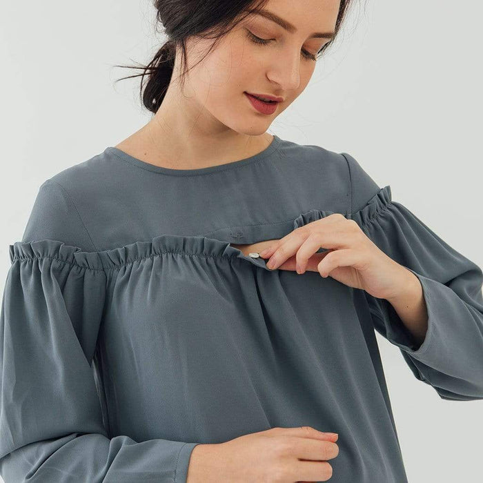 Flounce Long Sleeves Cherice Top Charcoal