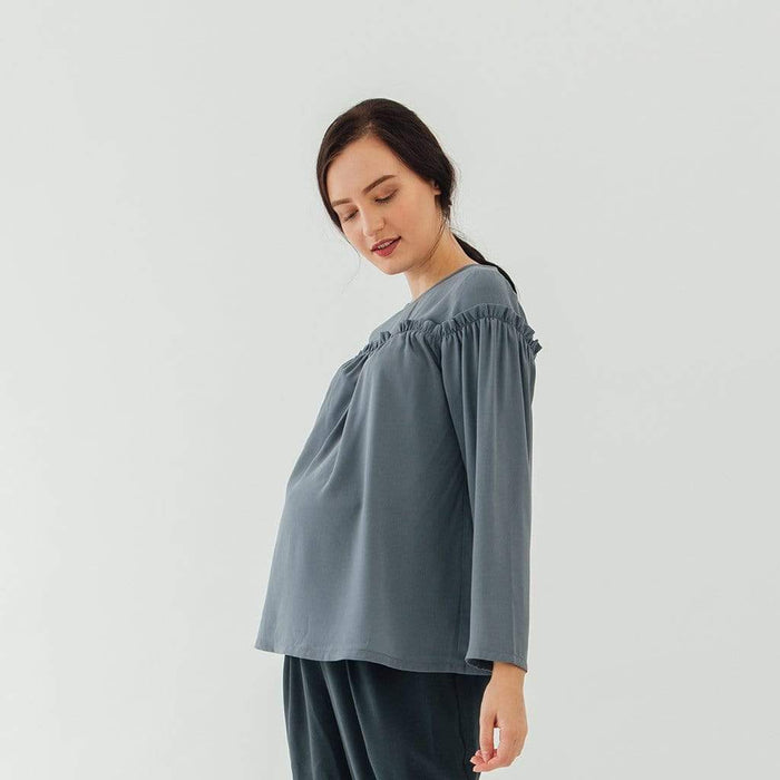 Flounce Long Sleeves Cherice Top Charcoal
