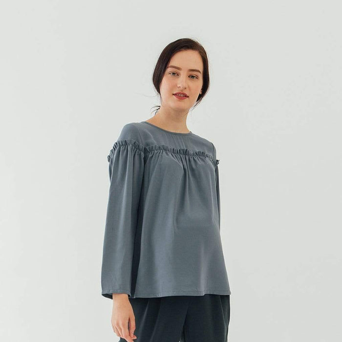 Flounce Long Sleeves Cherice Top Charcoal