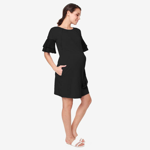 Flounce Sleeves Calissa Bamboo Cotton Nursing Dress Black