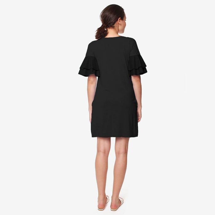 Flounce Sleeves Calissa Bamboo Cotton Nursing Dress Black