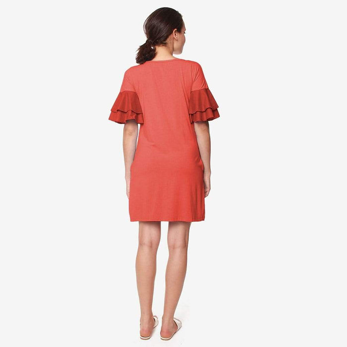 Flounce Sleeves Calissa Bamboo Cotton Nursing Dress Dark Coral