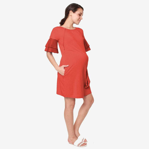 Flounce Sleeves Calissa Bamboo Cotton Nursing Dress Dark Coral