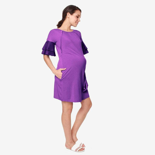 Flounce Sleeves Calissa Bamboo Cotton Nursing Dress Eggplant