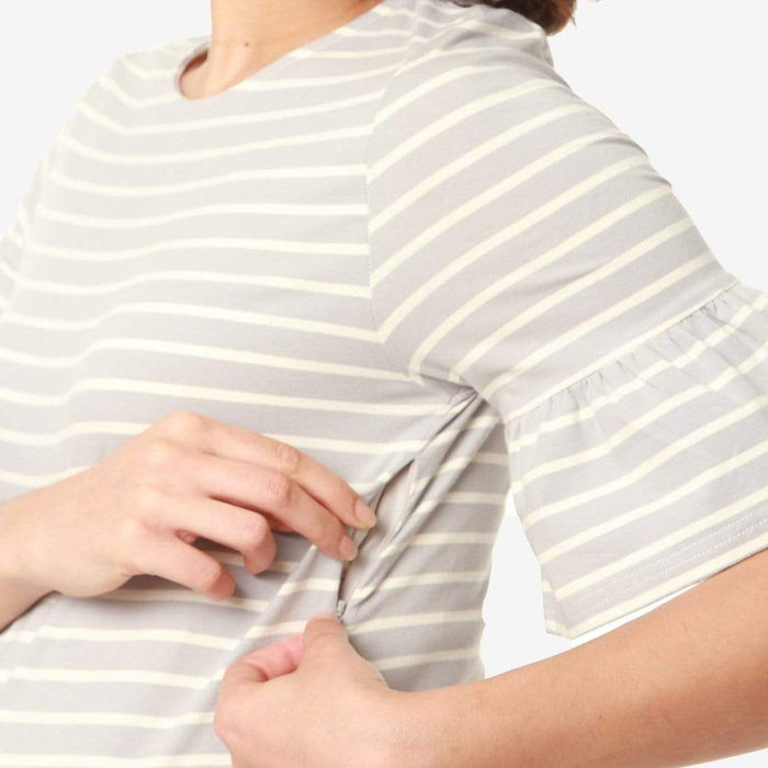 Flounce Sleeves Camile Grey Stripe Nursing Dress