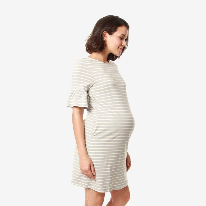 Flounce Sleeves Camile Grey Stripe Nursing Dress