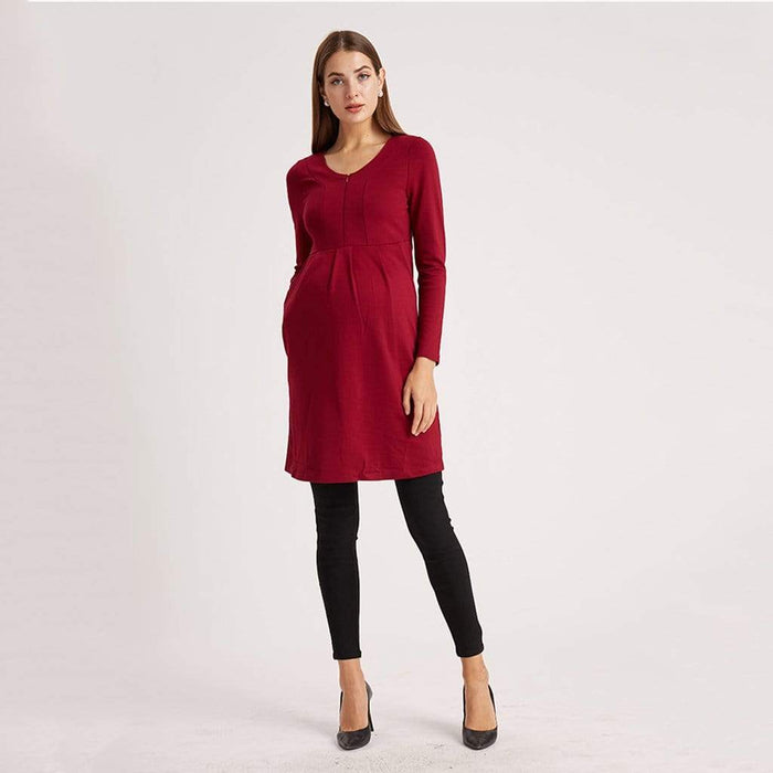 Knitted Bente Long Sleeve V-Neck Maternity Dress Nursing Wine