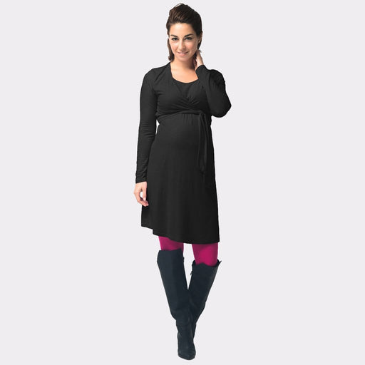 Virginia Tie Up Long Sleeve Bamboo Cotton Nursing Dress Black
