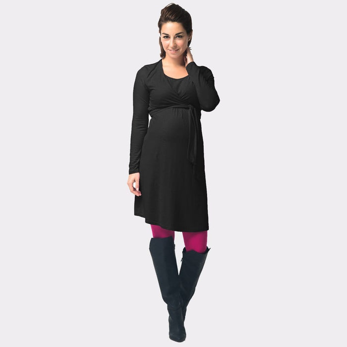 Virginia Tie Up Long Sleeve Bamboo Cotton Nursing Dress Black